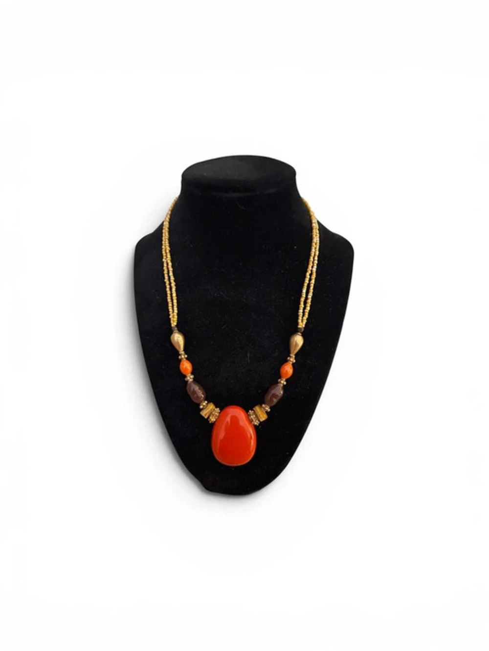 Vintage Bohemian-Style Beaded Necklace with Large Orange Pendant